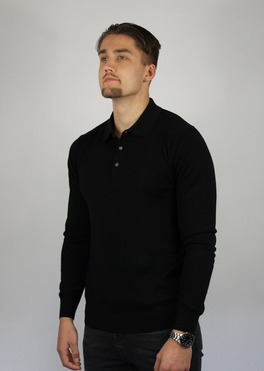 VALOROSSO MERINO LONGSLEEVE POLO - BLACK