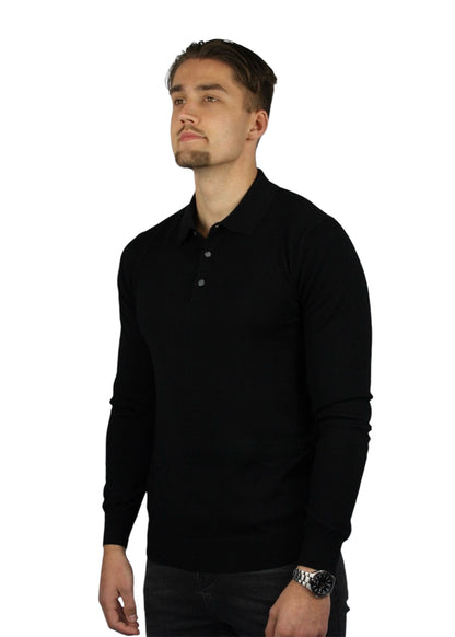 VALOROSSO MERINO LONGSLEEVE POLO - BLACK