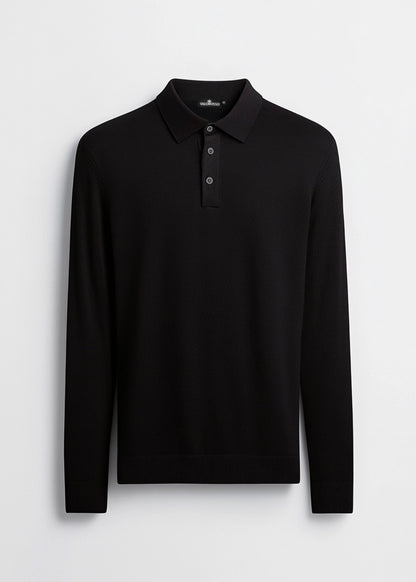 VALOROSSO MERINO LONGSLEEVE POLO - BLACK